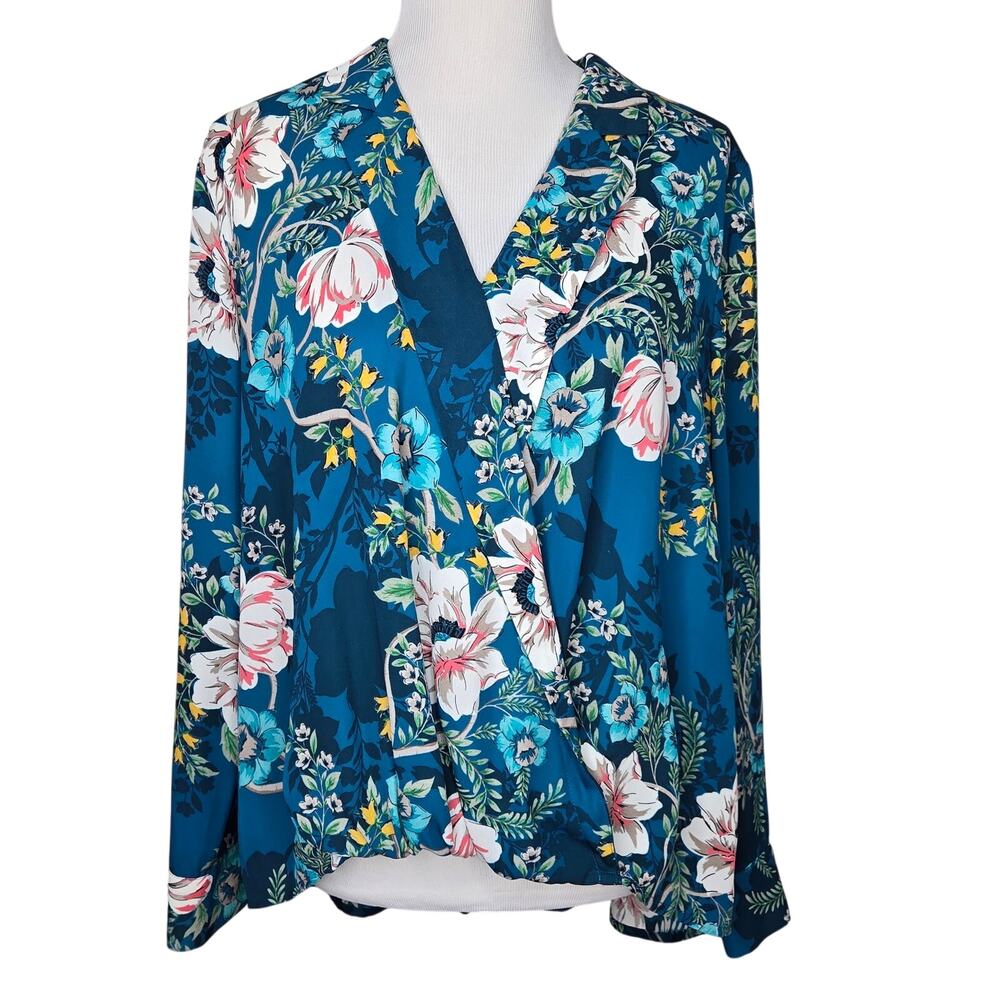 INC International Concepts Blouse Surplice Top Teal Blue Floral Hi-Low Size XL